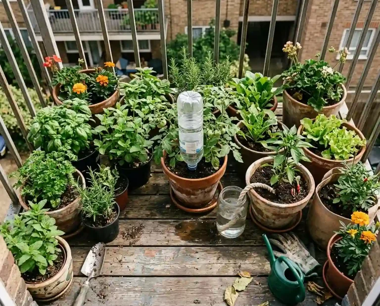 Balcony pots of tomato, basil and lettuce with a bottle waterer and cotton wick from a mason jar