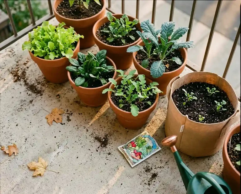 Balcony pots of young lettuce, spinach, kale and radish greens in soft autumn light with a seed packet and watering can