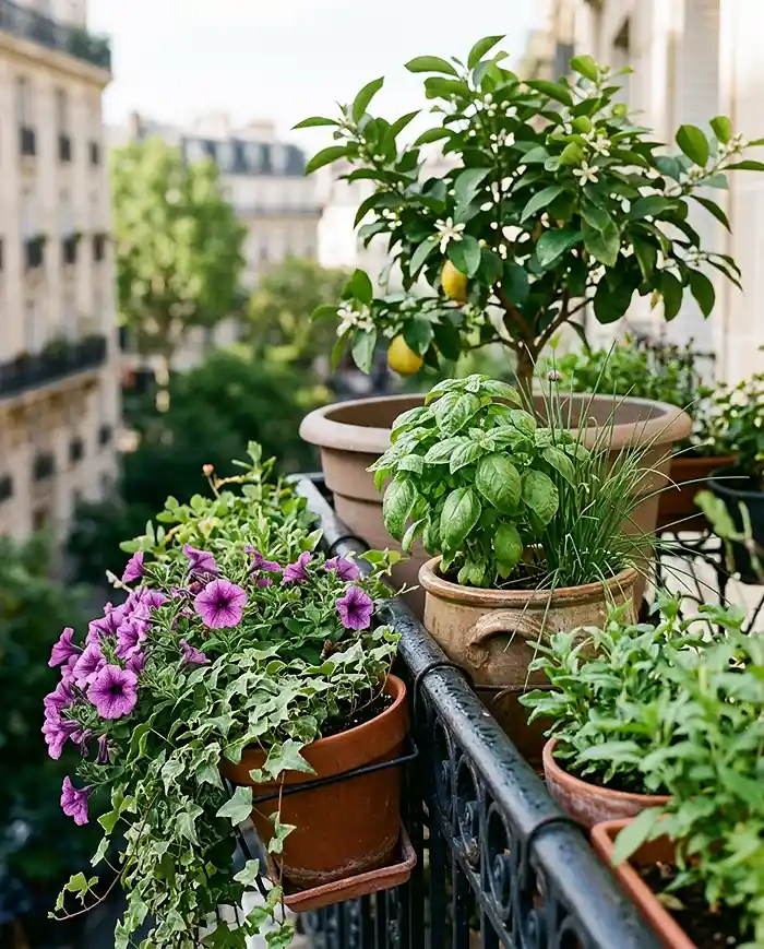 Balcony Garden Ideas for Apartments 4 Balcony railing containers with trailing petunias, herbs, and a dwarf citrus tree in layered heights