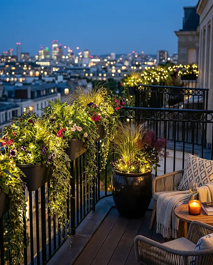 Balcony Railing Planter Ideas 5 Balcony railing garden with string lights and trailing plants glowing in the evening