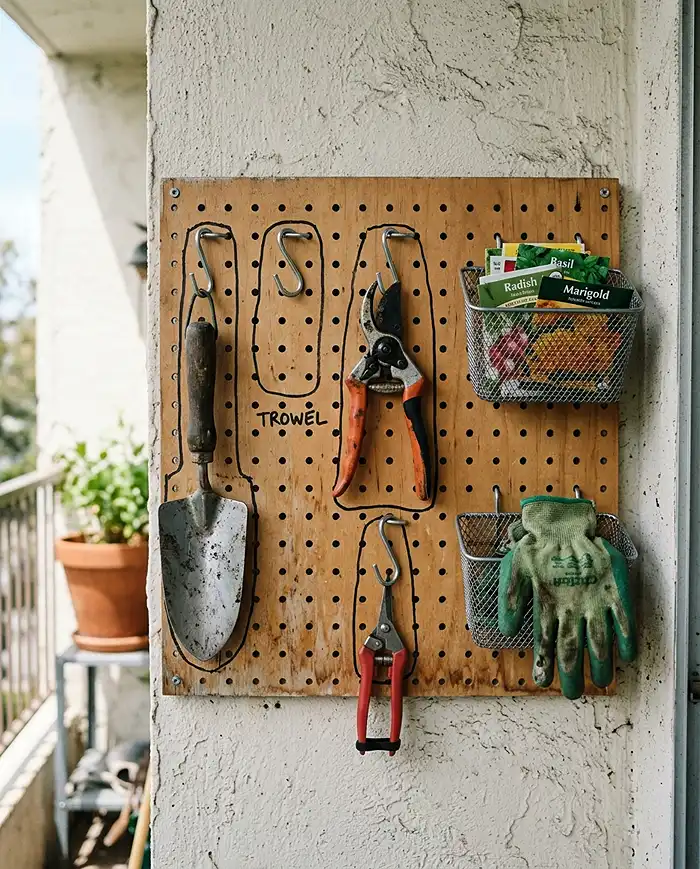 Balcony storage ideas for gardeners shown as a pegboard holding hand tools, wire baskets of seeds and gloves