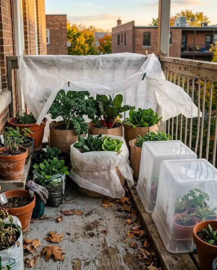 Balcony vegetable pots under frost cloth with upturned clear bins as cloches on a cold autumn evening