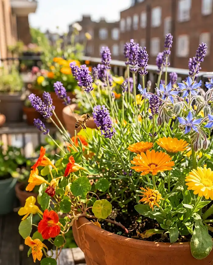 Balcony Garden Ideas With Herbs and Flowers 4 Bees visiting lavender, borage, and calendula flowers in a balcony pollinator container garden