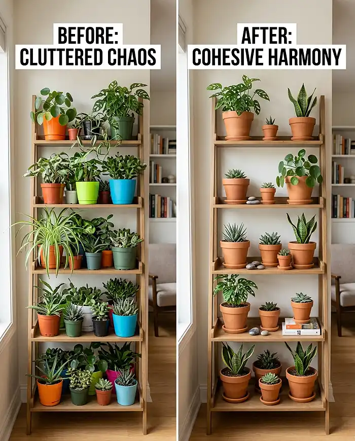 Vertical Garden Shelf Ideas 4 Before and after comparison showing a cluttered mismatched plant shelf transformed into a cohesive terracotta-styled display