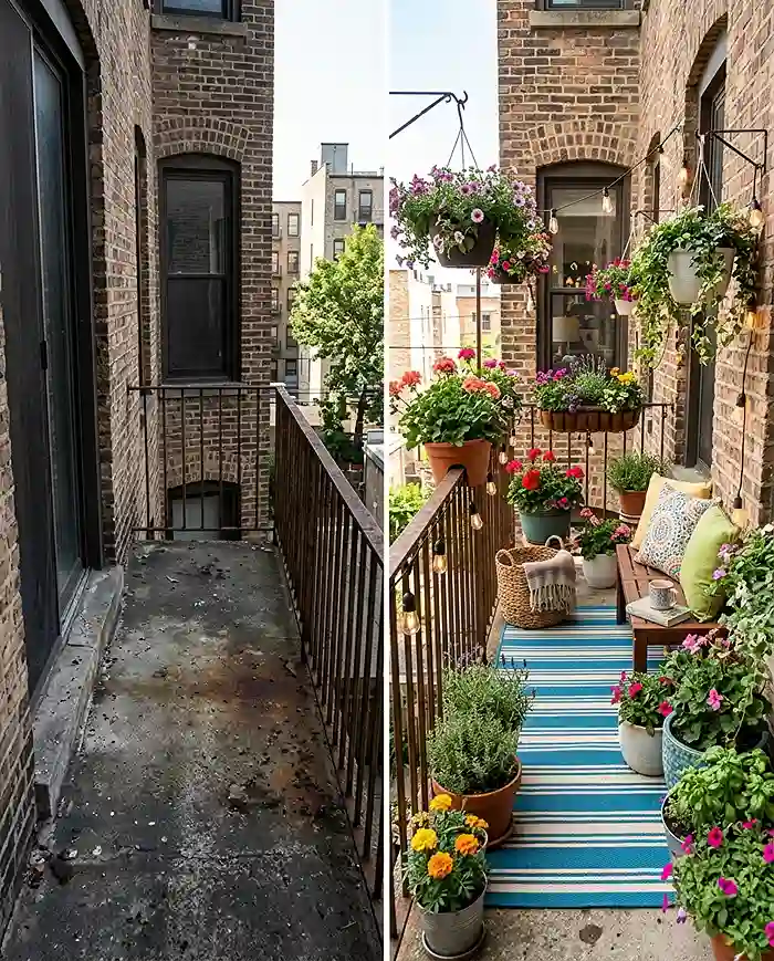 Before and after of a small apartment balcony makeover showing bare concrete transformed into a summer container garden