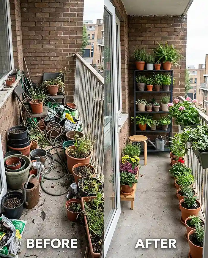 How to Arrange Pots on a Small Balcony Without Clutter 5 Before and after transformation of a cluttered balcony into an organized plant space.