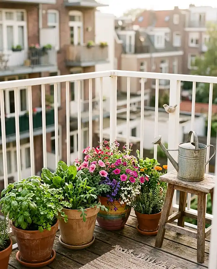 Beginner container gardening setup on a small urban balcony patio with mixed plant containers