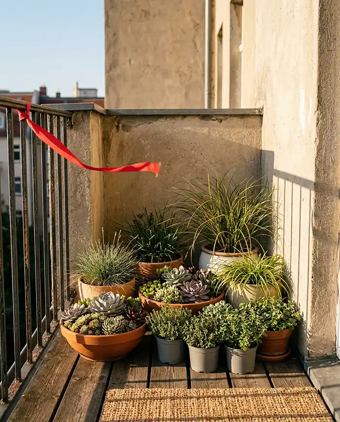 Best Containers for Windy Balconies 5 Best containers for windy balconies grouped in a sheltered corner with a wind-direction ribbon on the railing