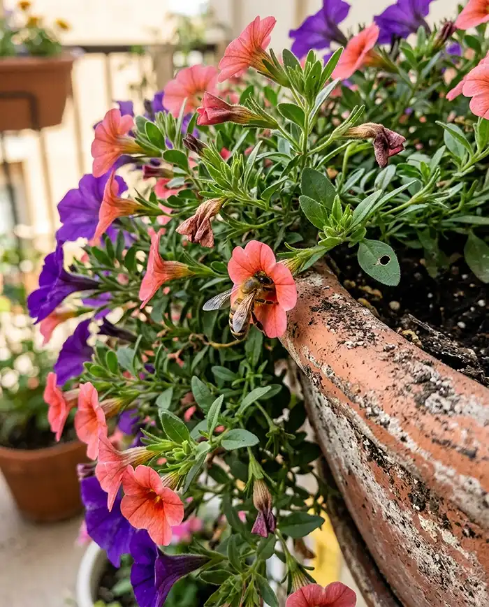 Best summer flowers for container edges shown as calibrachoa and petunias spilling over a pot rim with a bee