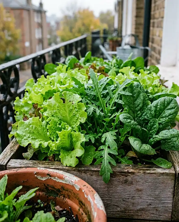 Best vegetables to plant in late summer in pots shown as dense lettuce, arugula and spinach in a balcony window box
