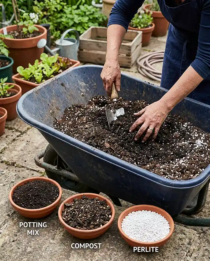 Container Salad Garden for Continuous Harvests 3 Blending potting mix, aged compost, and perlite to create a soil mix for leafy greens in containers