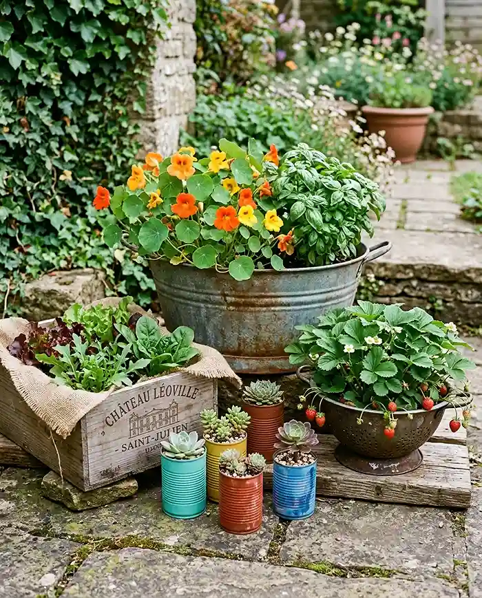 Budget Ideas for Small Space Garden 2 Budget ideas for small space garden using upcycled tin cans, a wash tub, and a wooden crate as planters