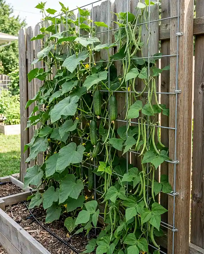 how to grow more food in less space 3 Cattle panel trellis with climbing cucumbers and beans growing vertically along a fence