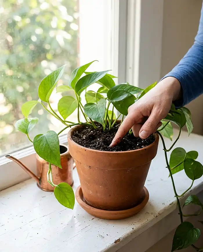 Checking soil moisture with a finger before watering an apartment plant