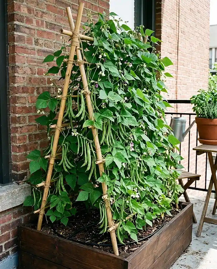 Edible Balcony Garden Tips 3 Climbing French beans covering a tall bamboo trellis in an edible balcony garden