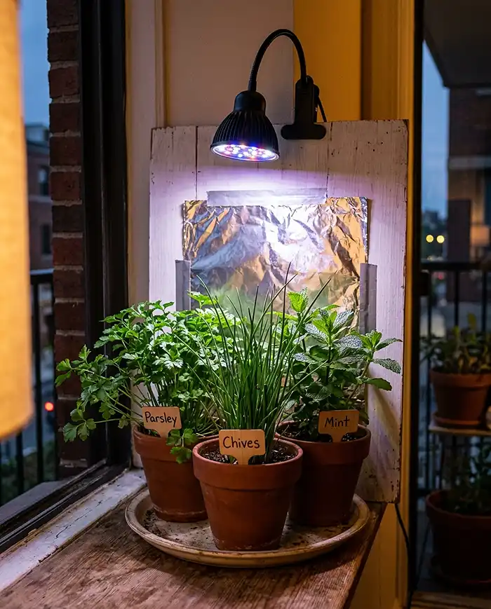 Clip-on grow light and reflective white board boosting brightness for herbs in a shady corner