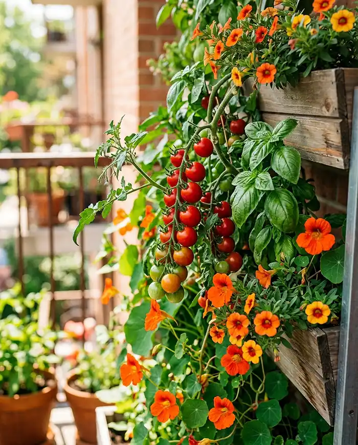 Renter Friendly Vertical Garden Ideas for Summer 3 Close-up of a renter friendly vertical garden growing cherry tomatoes, basil, nasturtiums, and trailing flowers in tiered containers