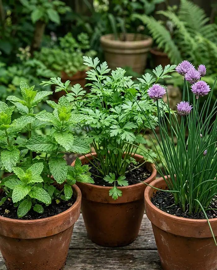 Close-up of mint, parsley, and flowering chives growing in shade-tolerant container pots