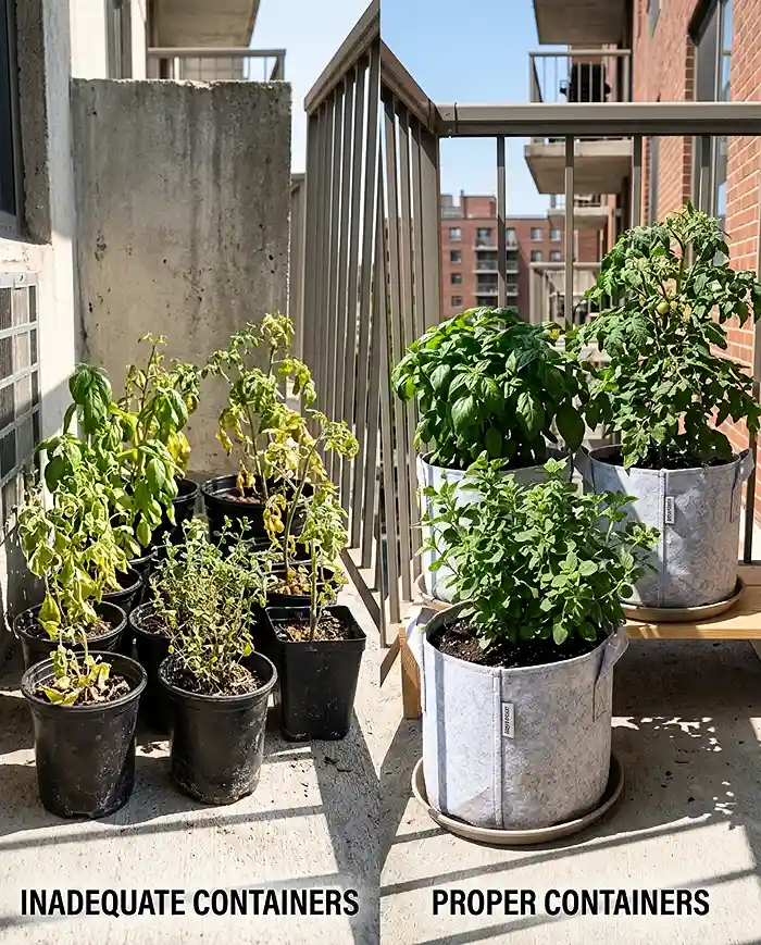 Small Space Gardening Mistakes That Hurt Summer Growth 4 Common small space gardening mistakes shown side by side — overcrowded dark pots versus healthy fabric grow bag setup