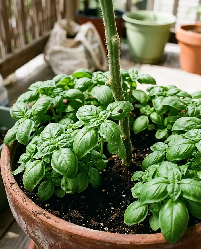 Companion plants for containers shown as basil growing densely around the base of a tomato in one shared pot
