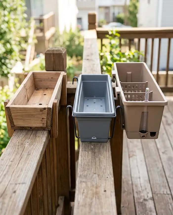Stylish Railing Planter Ideas for Herbs and Flowers 3 Comparison of saddle, hook-on, and self-watering railing planter types mounted on a deck rail