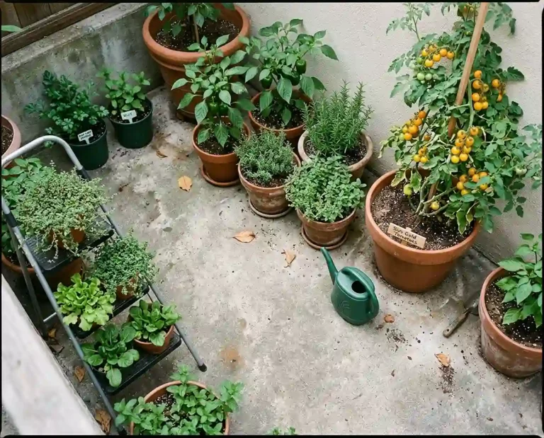 Concrete patio with a tomato pot by a sunny wall, clustered herb pots, shady greens corner and a tiered plant stand