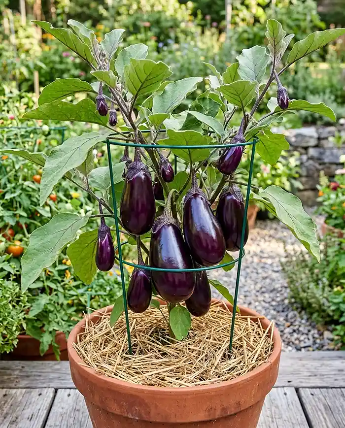 Container eggplant plant supported by a cage and producing multiple glossy purple fruits in summer