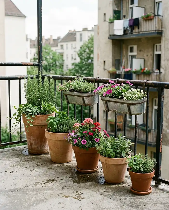 Container garden layout with 5 pots arranged along a balcony railing in graduated heights with rail planters