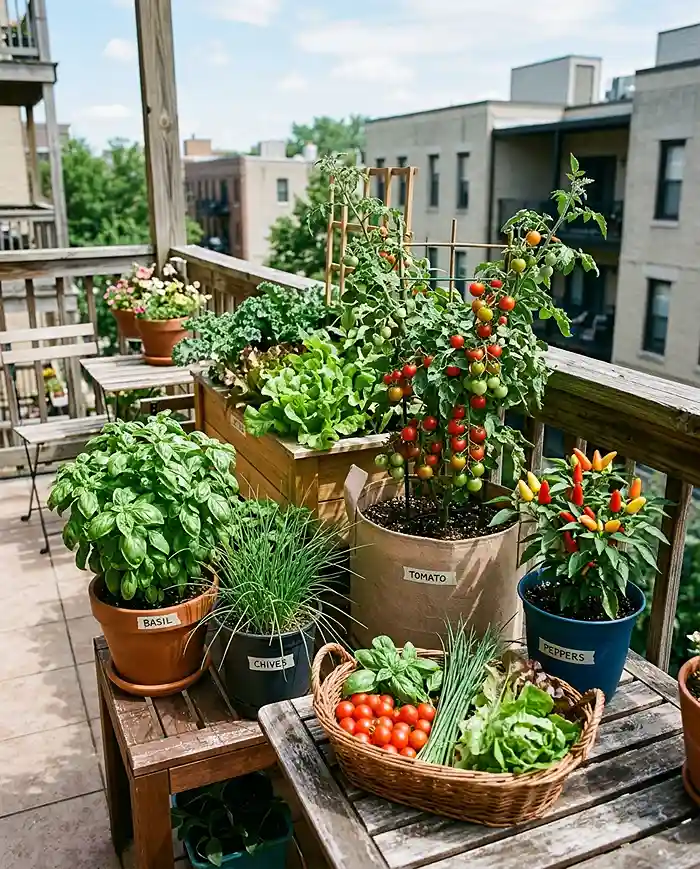 Container herbs and vegetables growing on a renter-friendly patio garden