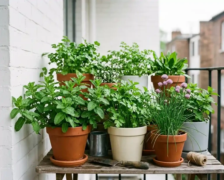 Container herbs growing in pots on a shaded balcony against a white wall