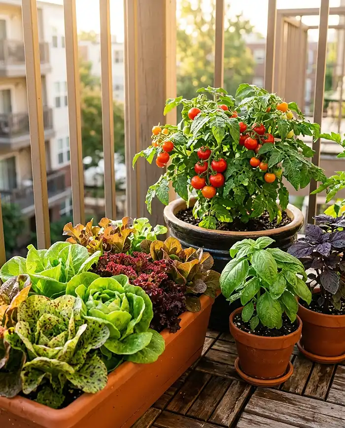 Edible Balcony Garden Tips 4 Container lettuce, dwarf tomatoes, and basil growing together on an apartment balcony