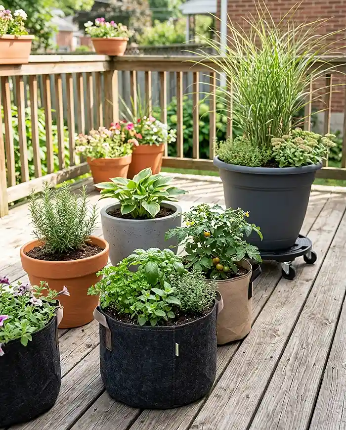 Renter Friendly Patio Garden Ideas 4 Container plants in lightweight fabric grow bags and resin pots on a wheeled caddy