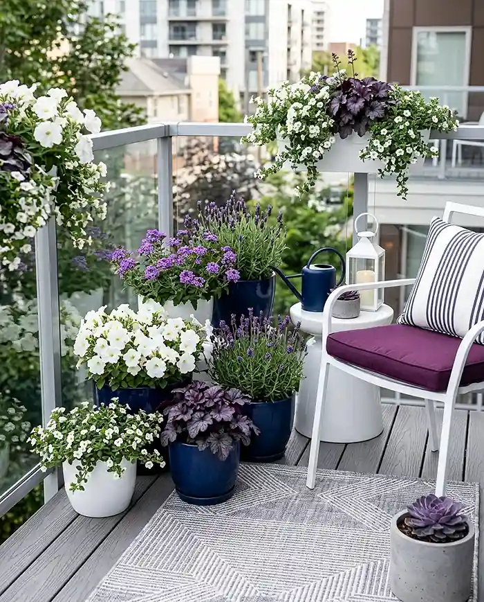Coordinating planters, cushions, and a rug with a balcony plant color scheme