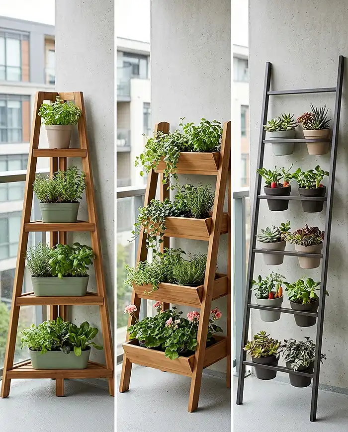 Corner stand, A-frame, and ladder planter styles compared on a small balcony.