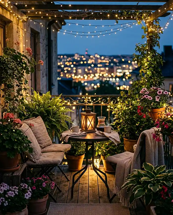Small Balcony Garden Ideas With a Bistro Table 6 Cozy balcony garden retreat with evening lighting and comfortable bistro seating