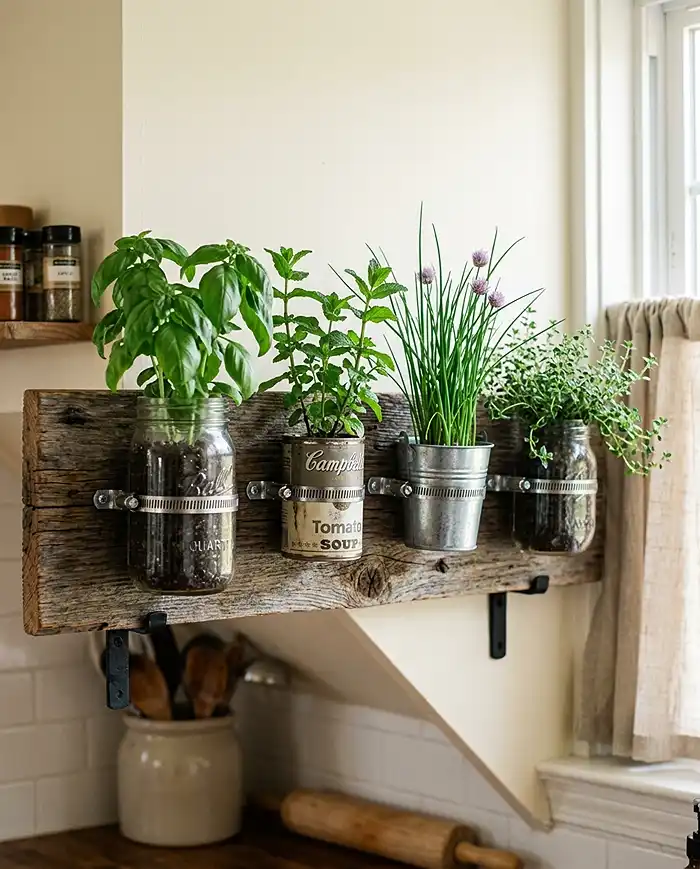 Hanging Herb Garden Ideas for Kitchens 2 DIY mason jar and tin can wall planters holding herbs on a kitchen wall