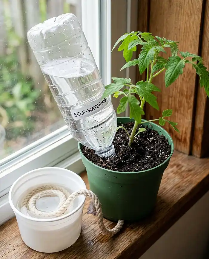 DIY plastic bottle drip system and cotton wick setup for slow watering a container plant