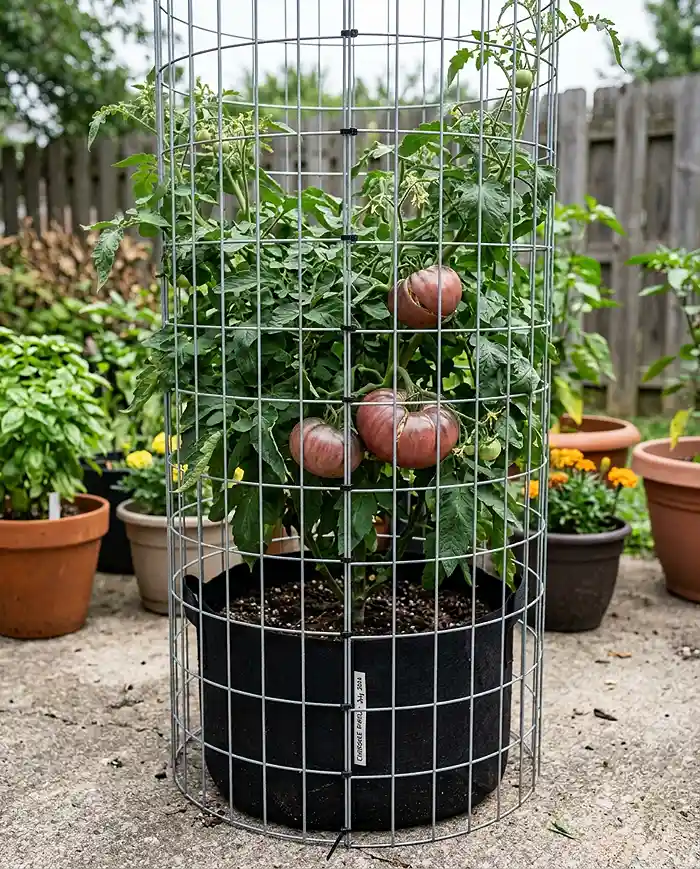 Tomato Support for Containers: Smart Patio Ideas 3 DIY wire mesh tomato support for containers holding up a leafy plant in a fabric grow bag