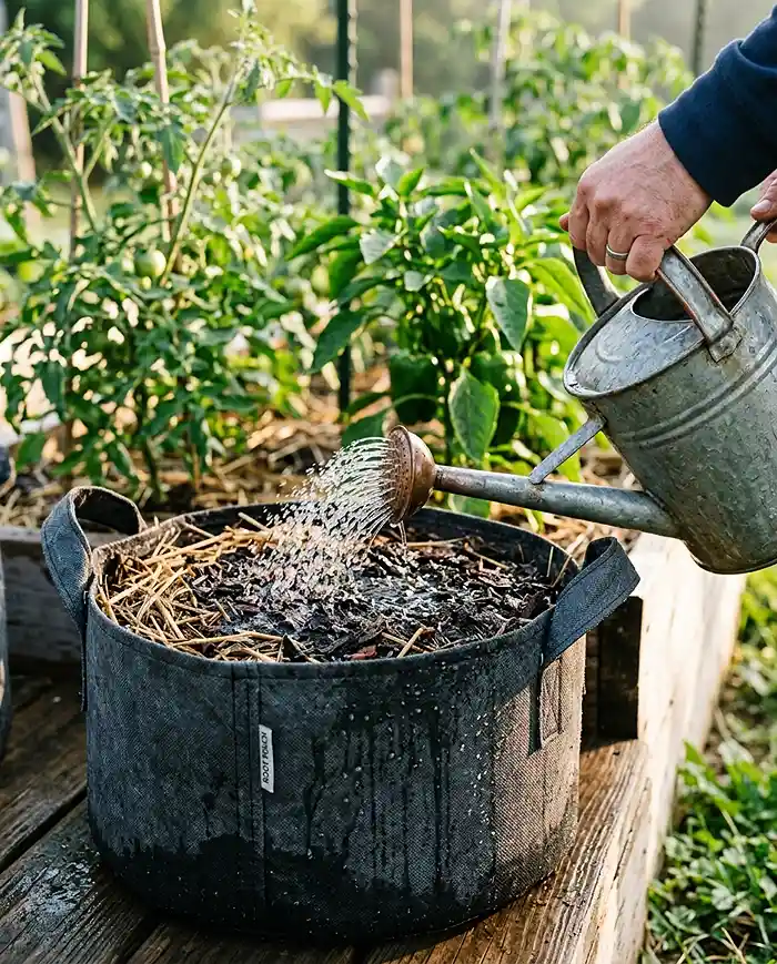 Grow Bags for Tomatoes and Peppers 5 Daily watering routine for container vegetable gardening in grow bags with tomatoes and peppers.