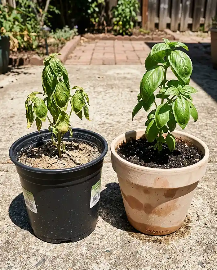 Best Mulch for Pots in Hot Weather 2 Dark plastic pot heating up faster than a light terracotta pot in full summer sun
