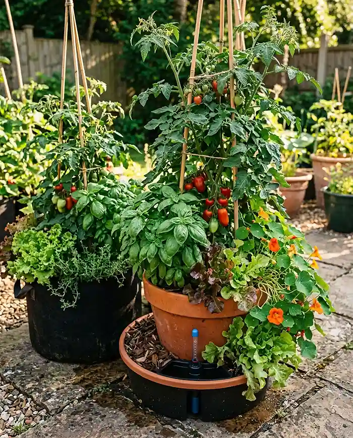 how to grow more food in less space 5 Deep patio containers with combined tomato, basil, and lettuce plantings