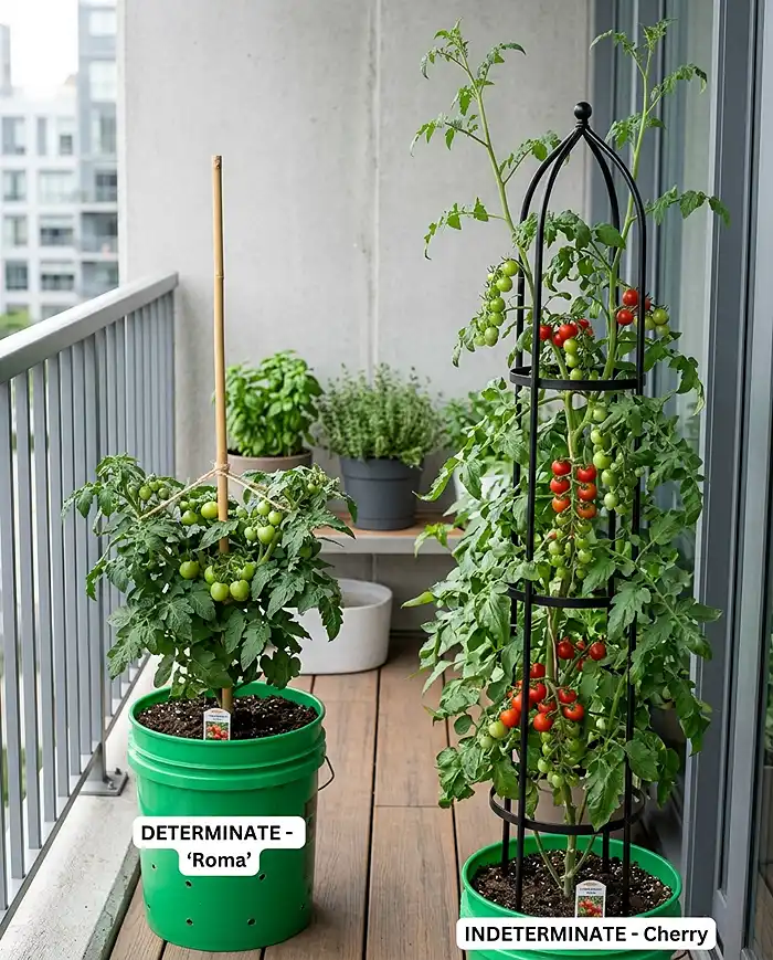 Tomato Support for Containers: Smart Patio Ideas 2 Determinate tomato on a short stake beside a tall indeterminate tomato on an obelisk in containers