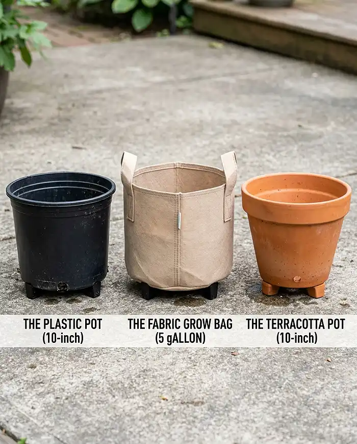 Different container materials including plastic, fabric grow bag, and terracotta with visible drainage holes