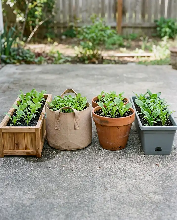 Container Salad Garden for Continuous Harvests 2 Different container types for growing salad greens including a window box, fabric grow bag, terracotta pot, and plastic trough