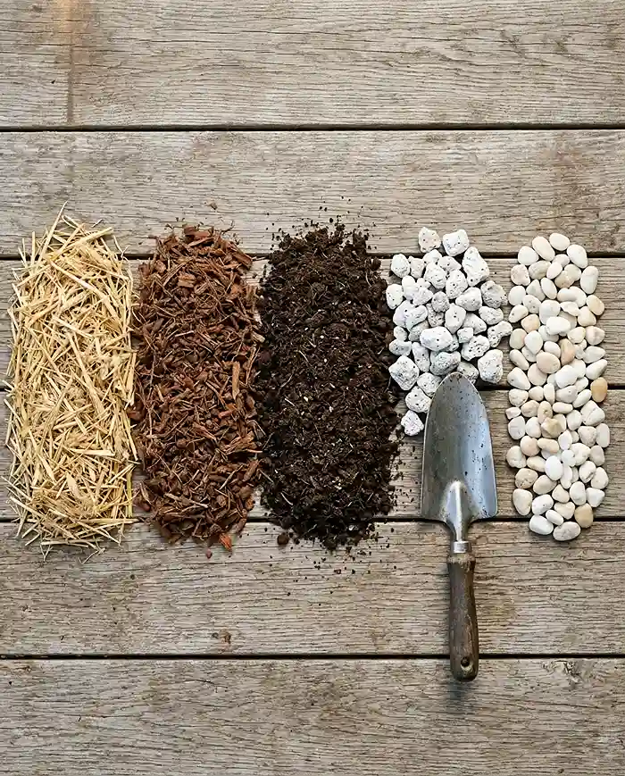 Best Mulch for Pots in Hot Weather 3 Different types of mulch for pots including straw, bark, compost, pumice, and gravel