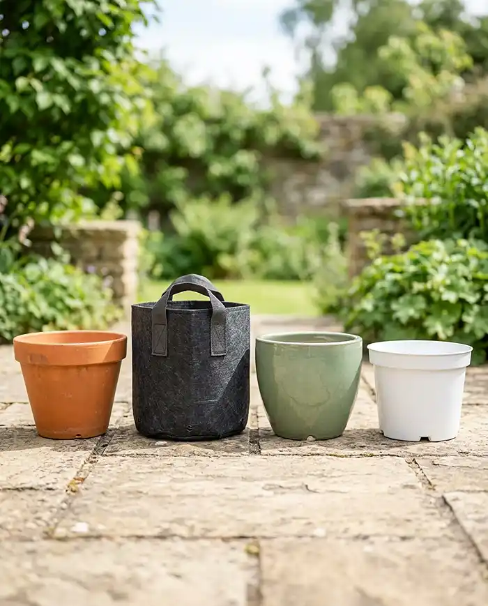 Different types of plant containers with drainage holes for patio gardening including terracotta, fabric grow bags, and ceramic pots