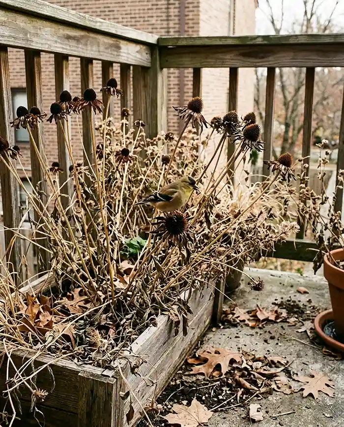 Native Flower Balcony Garden Ideas 5 Dried coneflower and black-eyed Susan seed heads left standing in fall pots with a goldfinch feeding on one