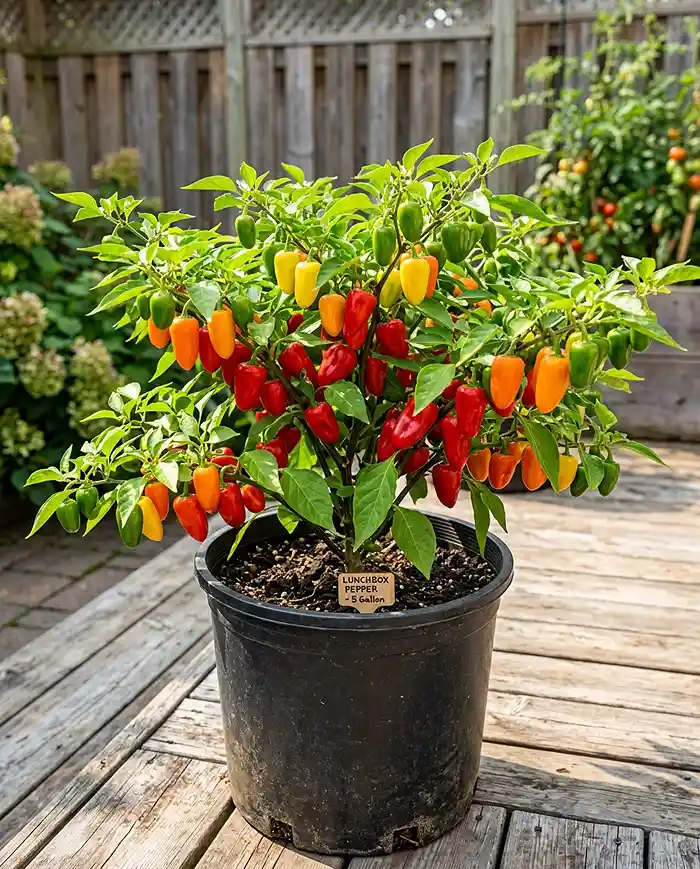 Dwarf tomatoes and peppers for small patios shown with a productive Lunchbox pepper plant full of colorful snack peppers in a container.