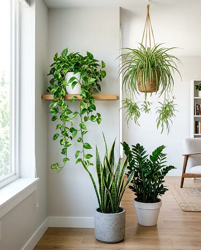 Easy low-maintenance houseplants including pothos, snake plant, spider plant, and ZZ plant