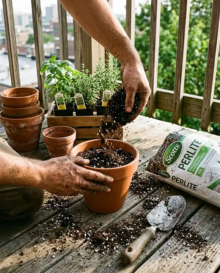 Renter Friendly Vertical Garden Ideas for Summer 4 Filling a container with lightweight potting mix and perlite before planting herbs in a balcony vertical garden